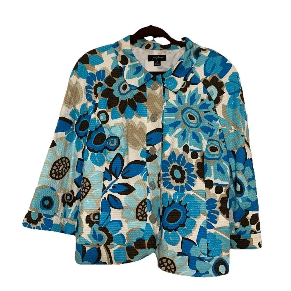 Josephine Artsy Wearable Art Big Buttons Turquoise Floral Print Blazer Jacket 16